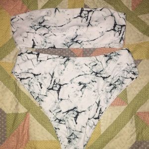 White marble high waisted bandeau swimwear